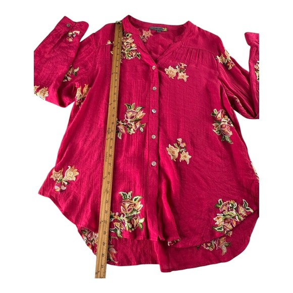 Figueroa & Flower Floral Blouse Pink Embroidered XL Button Roll‎ Tab Sleeve Fig - Picture 6 of 14